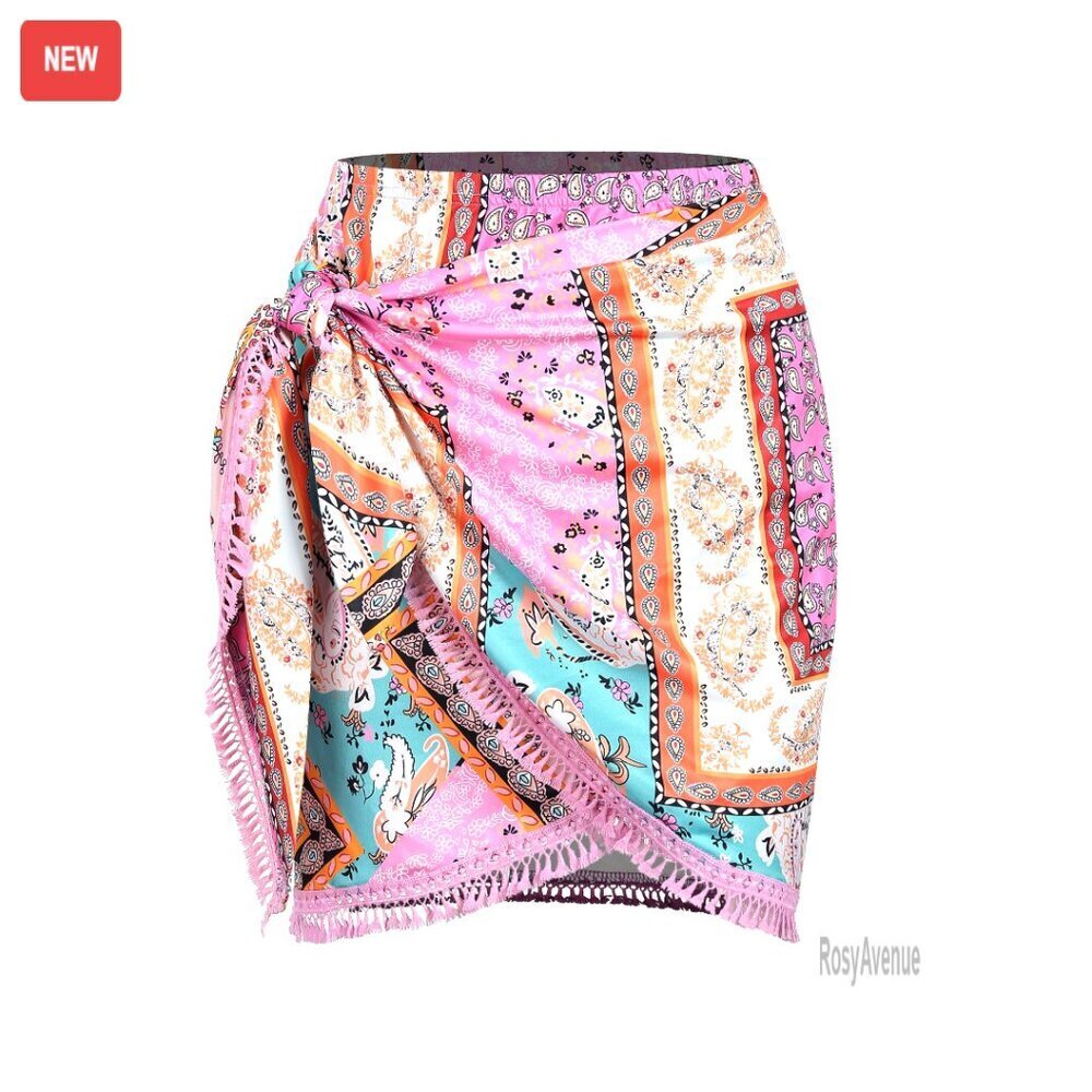 Boho Print Slit Wrap Mini Skirt, Polyester Spandex, S/M/L/XL, Beach Casual